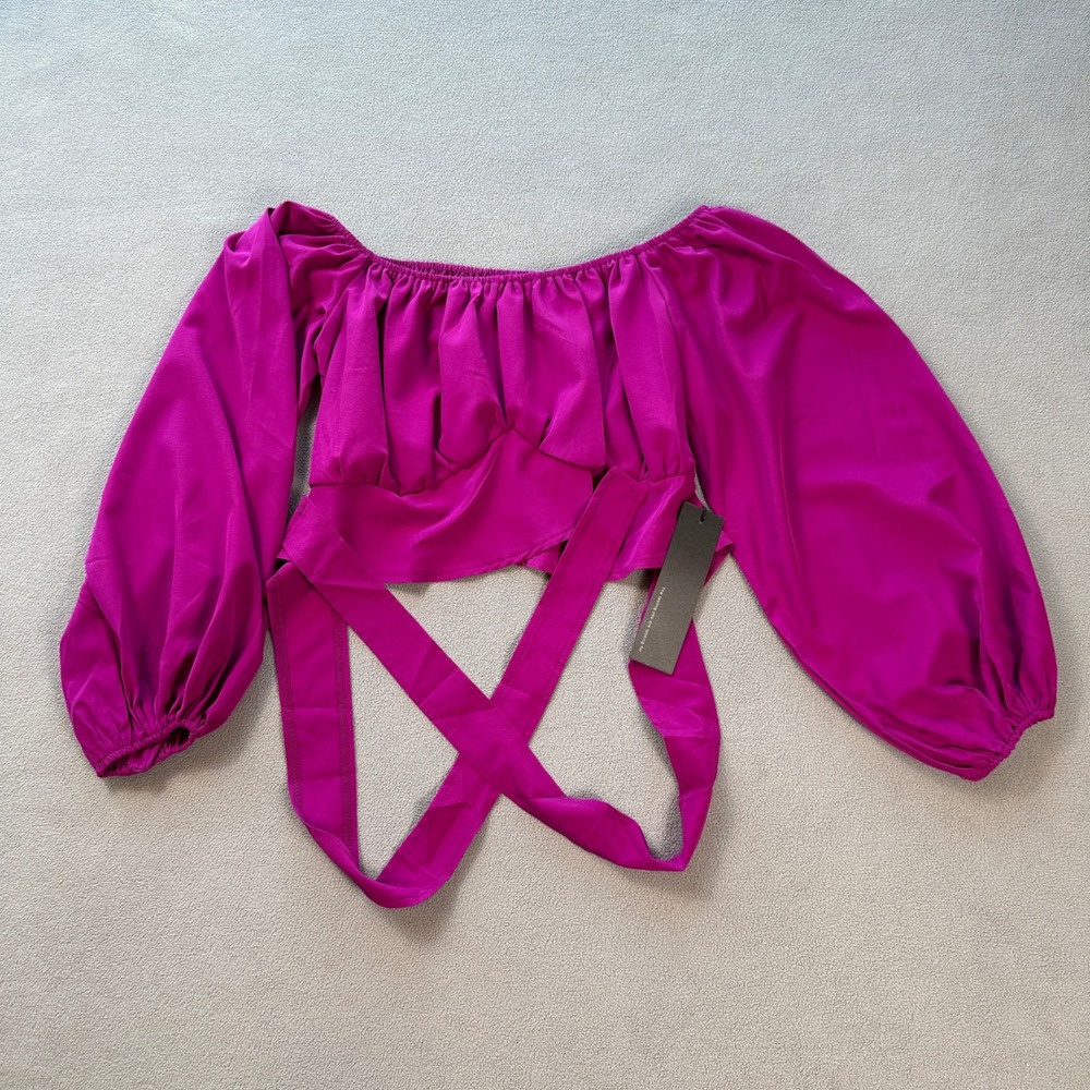 S. DEER Crop Top Womens M Magenta Off Shoulder Puff Sleeve Tie Waist Elastic NWT